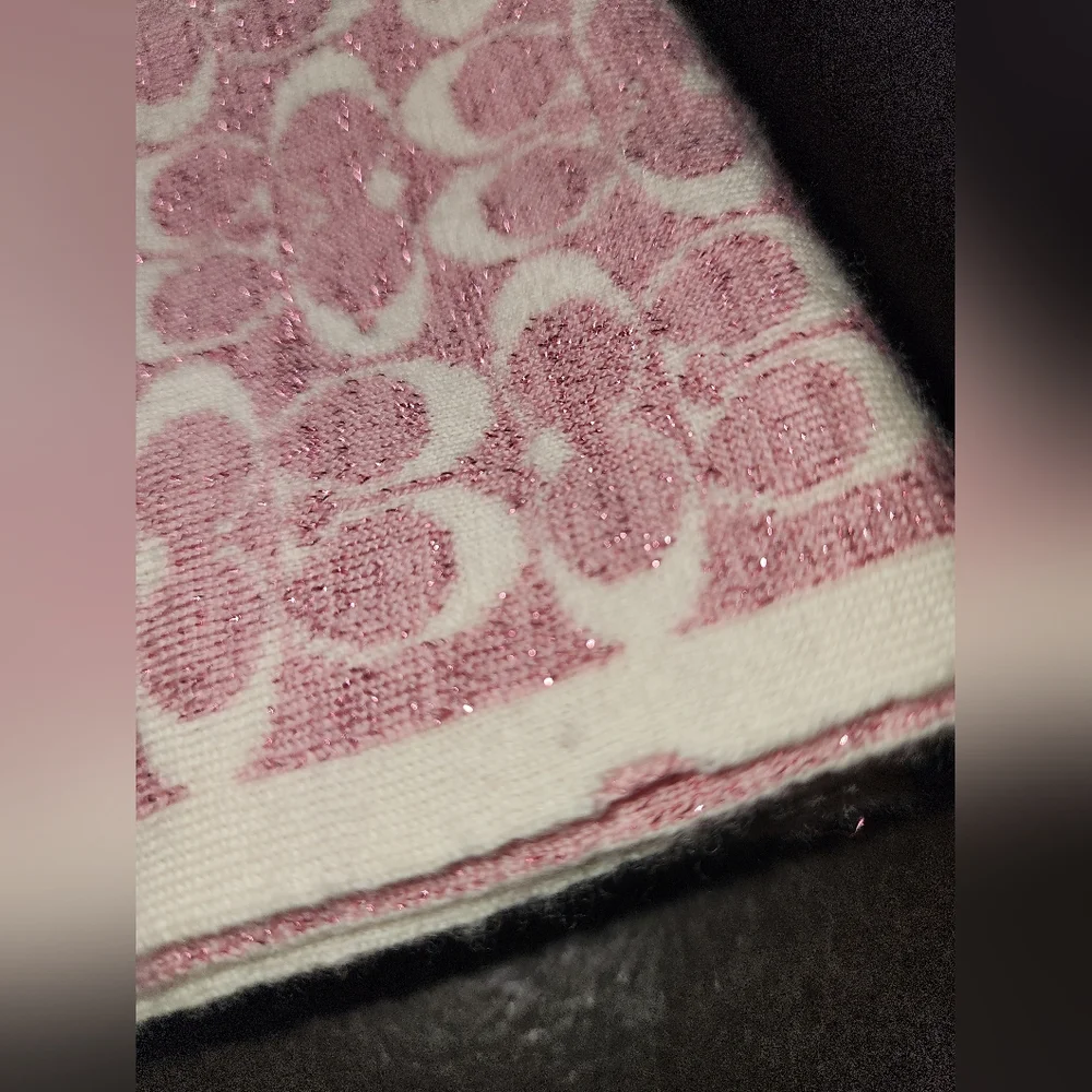 Coach Pink Cream Sparkle Scarf Signature C Wool Nylon Wrap